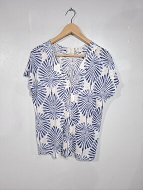 Joie Top Women Navy Floral Boho Shirt Beachy Lagenlook V-Neck Boxy Linen Blend M